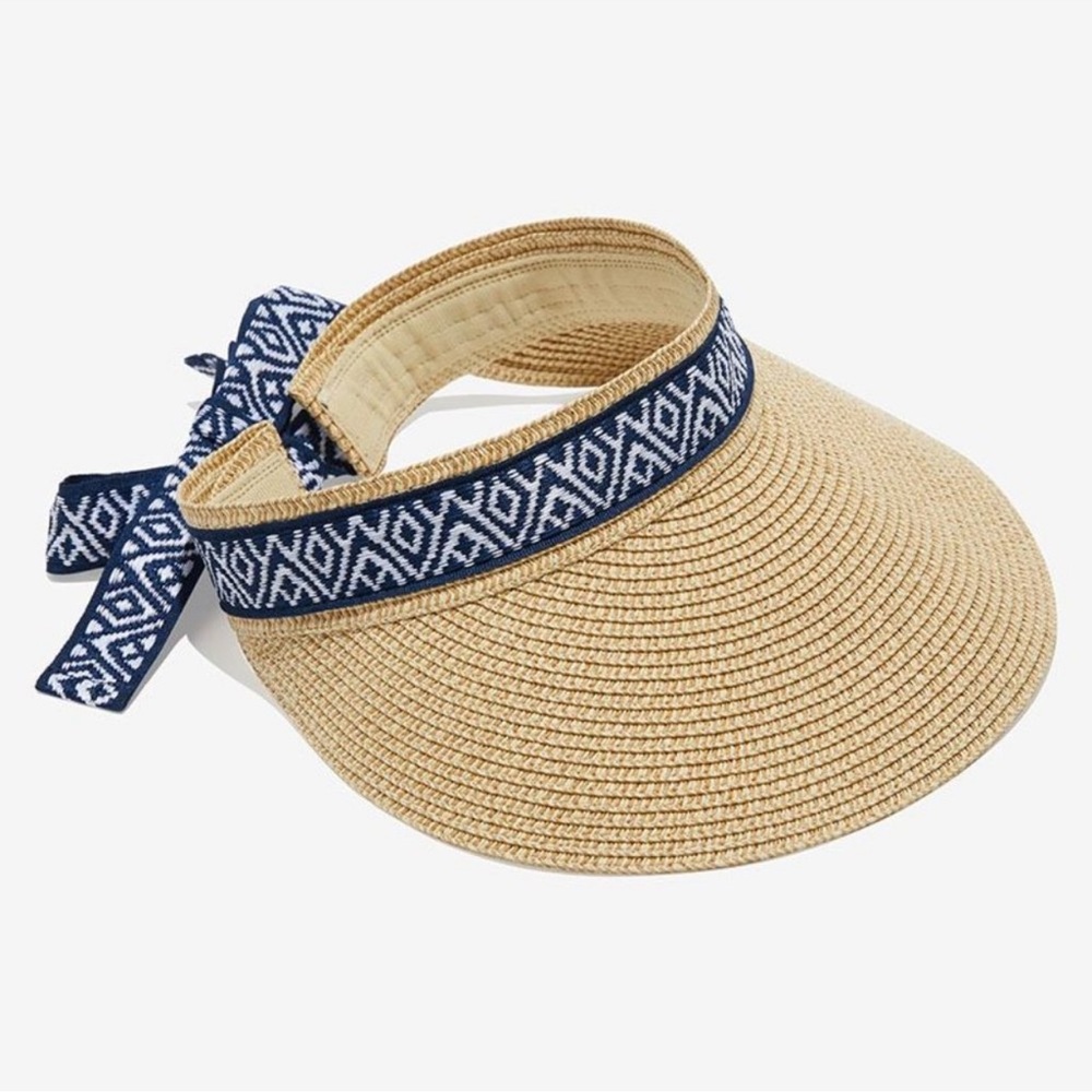 Sea & Grass Packable Straw Visor with Navy Ribbon - New With Tags